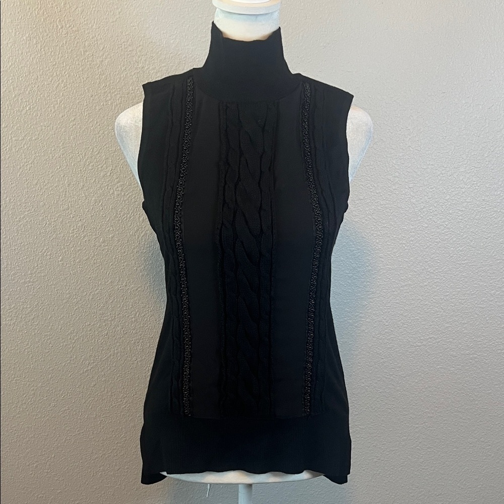 White House Black Market Beaded Knit Sleeveless Turtleneck Black Size XXS NWT